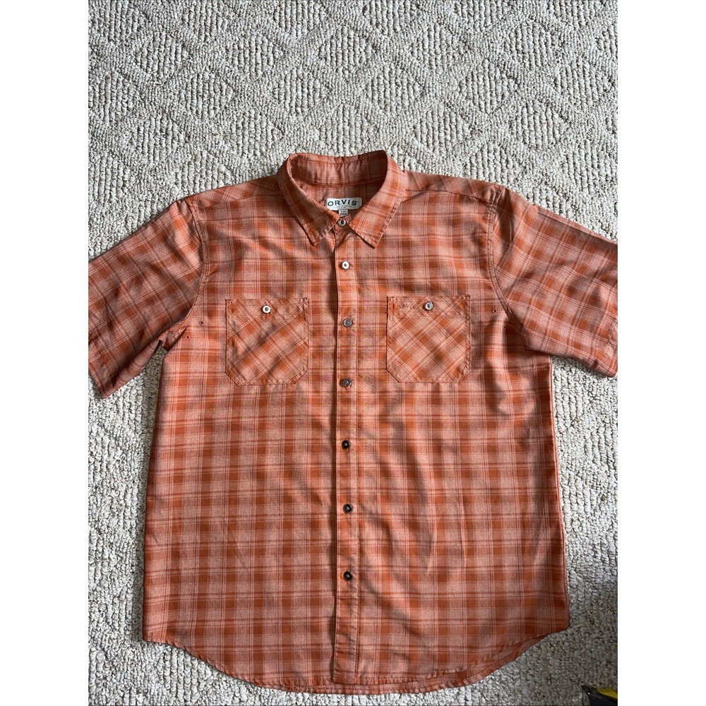 Orvis Shirt Mens Large Orange Plaid Short Sleeve Button‎ Front Classic Outdoor